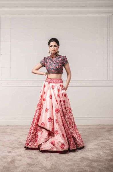 Asymmetric Printed Lehenga with Printed Top Embellished High Neck