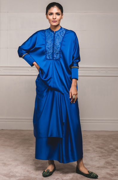 Front Open Shirt Top Paired With Draped Skirt