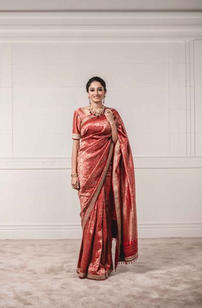 Silk Brocade Ready Saree with Unstitched Blouse Piece