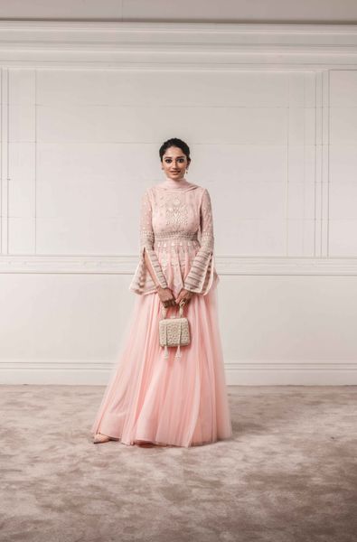 Embellished Peplum Top and Lehenga with Light Net Dupatta