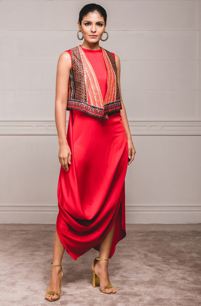 Draped Dress Paired with Embroidered Gillet