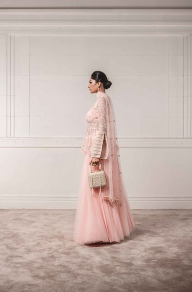 Embellished Peplum Top and Lehenga with Light Net Dupatta