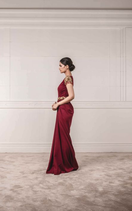 Gown In Double Georgette Fabric with Zardozi Embroidery Details On Sleeves and Waist