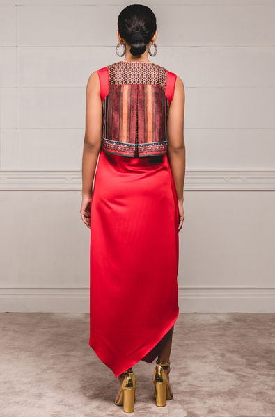 Draped Dress Paired with Embroidered Gillet