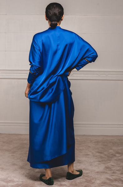 Front Open Shirt Top Paired With Draped Skirt