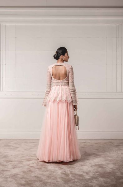 Embellished Peplum Top and Lehenga with Light Net Dupatta