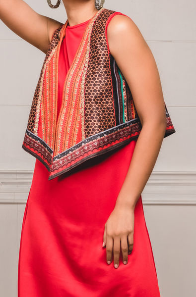 Draped Dress Paired with Embroidered Gillet