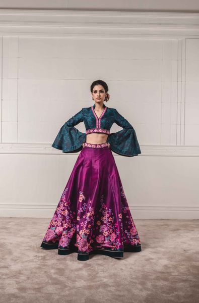 Floral Printed Lehenga Blouse with Flared Sleeves