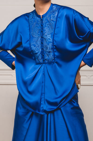 Front Open Shirt Top Paired With Draped Skirt