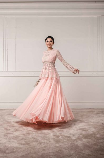 Embellished Peplum Top and Lehenga with Light Net Dupatta