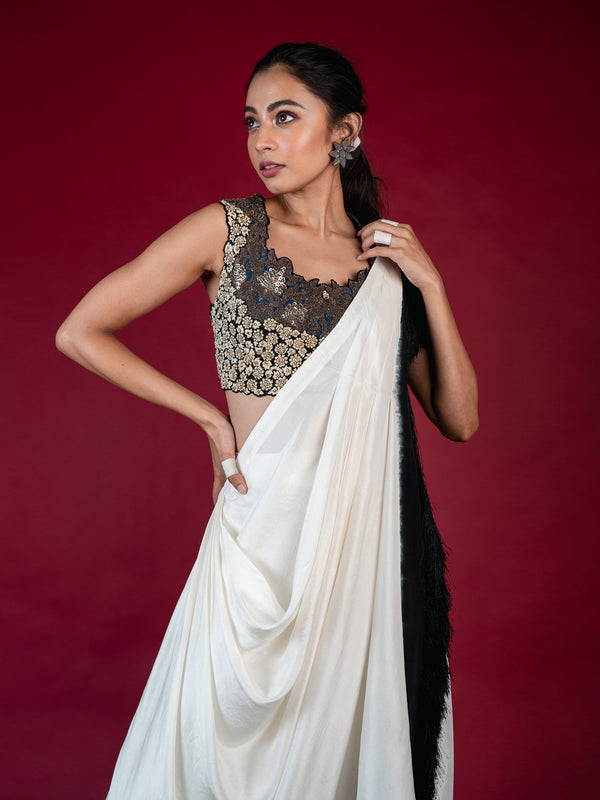 Dhoti Sari With Patchwork Blouse Set