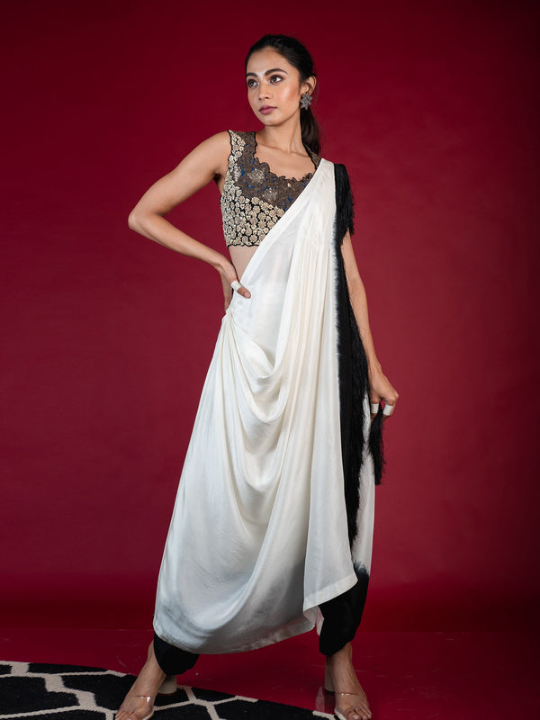 Dhoti Sari With Patchwork Blouse Set