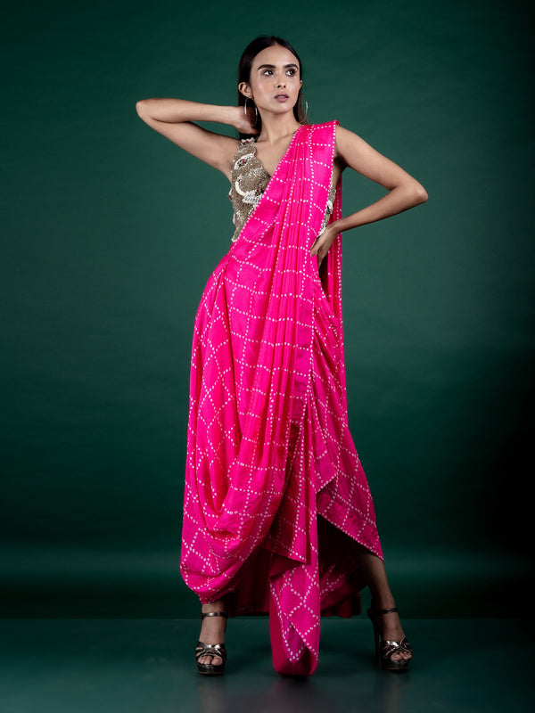 Pre-Draped Cowl Sari & Blouse Set