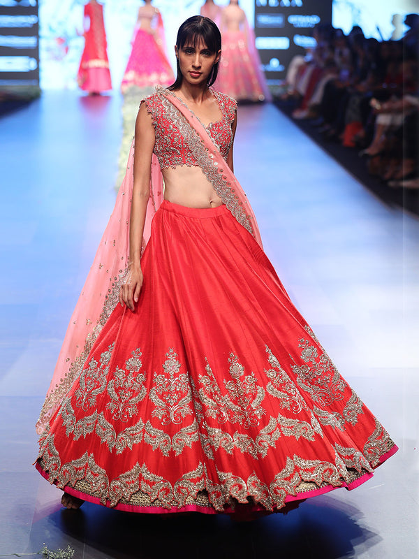 Red Raw Silk Zardozi Lehenga